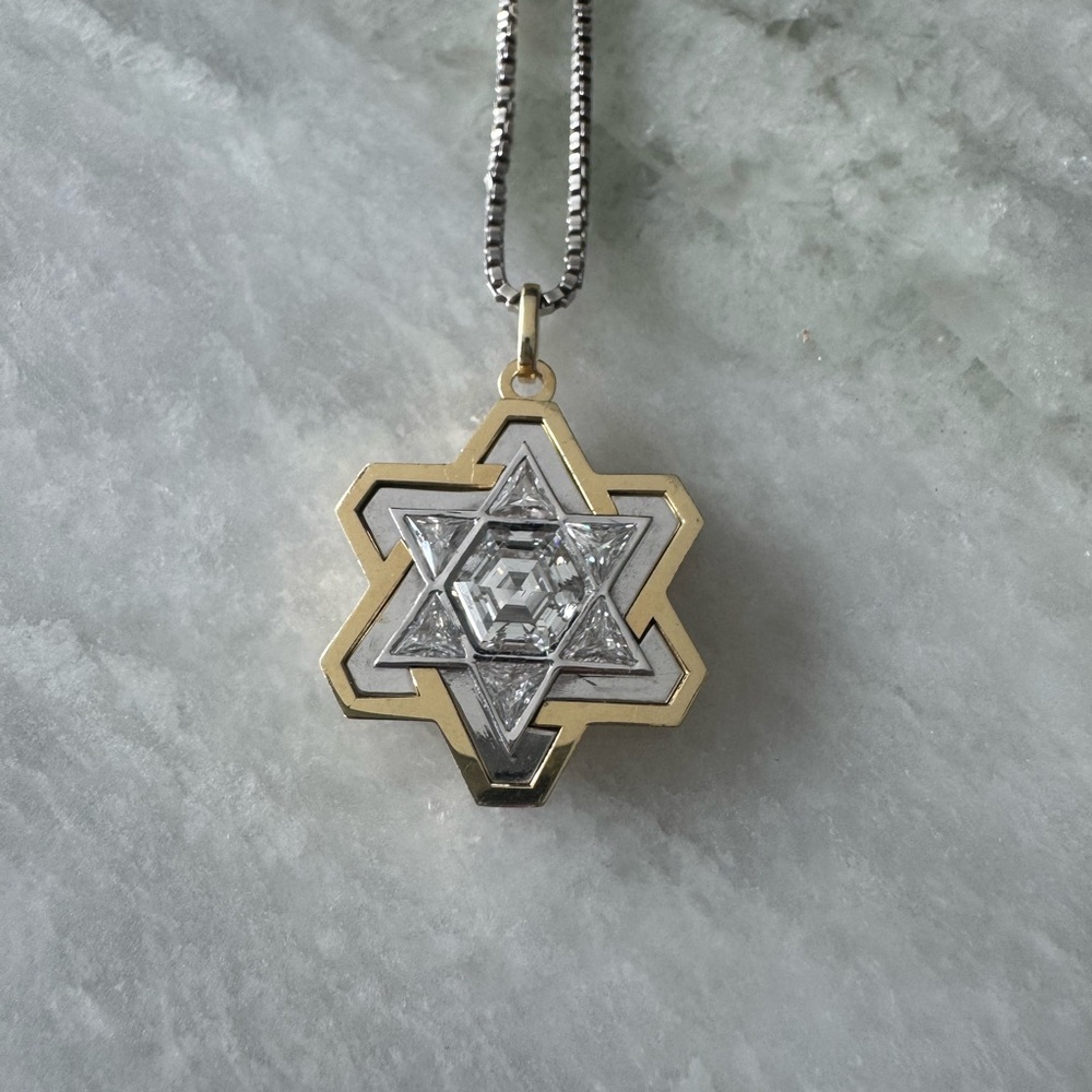 18k Yellow White Gold Diamonds Star of David Pendant Necklace